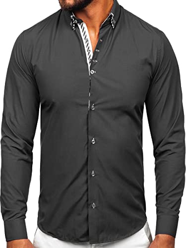 BOLF Herren Hemd Langarm Freizeithemd Langarmhemd Elegant Business Party Bügelleicht Farbwahl Classic Basic Slim Fit Casual Style 3762 Dunkelgrau L [2B2] von BOLF