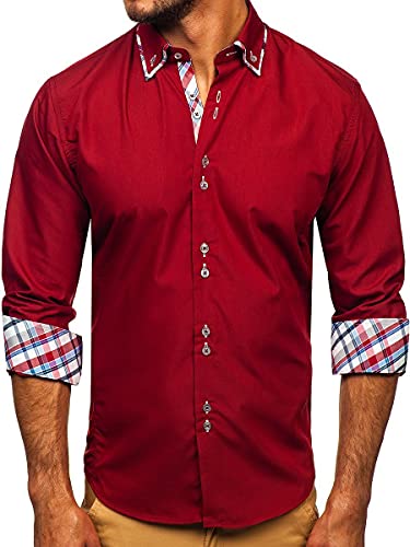 BOLF Herren Hemd Langarm Freizeithemd Langarmhemd Elegant Business Party Bügelleicht Farbwahl Classic Basic Slim Fit Casual Style 4704 Weinrot L [2B2] von BOLF