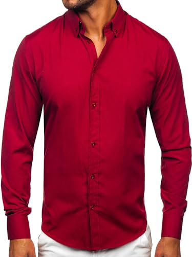 BOLF Herren Hemd Langarm Freizeithemd Langarmhemd Elegant Business Party Bügelleicht Farbwahl Classic Basic Slim Fit Casual Style 5821-1 Weinrot XL [2B2] von BOLF