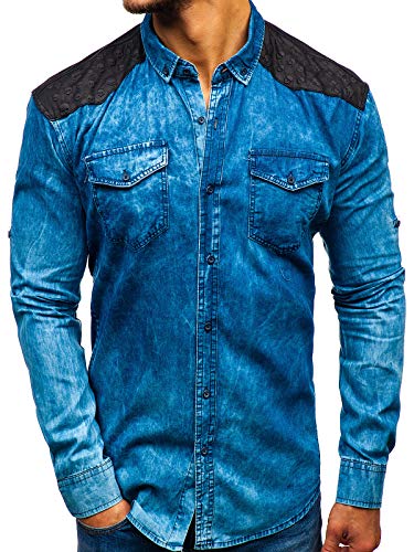 BOLF Herren Hemd Langarm Jeanshemd Button-Down Kragen Slim Fit Casual Style Madmext 0517 Blau M [2B2] von BOLF
