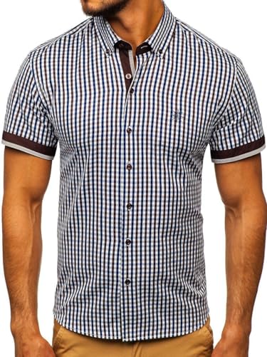 BOLF Herren Kurzarmhemd Kariert Freizeithemd Kurzärmliges Elegant Business Party Hemd Kentkragen Sommer Farbwahl Slim Fit Casual Style 4510 Braun M [2B2] von BOLF