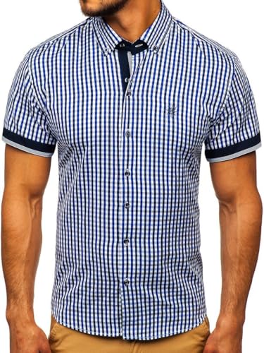 BOLF Herren Kurzarmhemd Kariert Freizeithemd Kurzärmliges Elegant Business Party Hemd Kentkragen Sommer Farbwahl Slim Fit Casual Style 4510 Mittelblau M [2B2] von BOLF