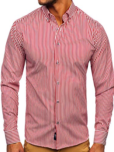 BOLF Herren Hemd Langarm Streifenhemd Freizeithemd Hemdbluse Langarmhemd Elegant Business Party Bügelleicht Farbwahl Classic Basic Slim Fit Casual Style 20726 Rot XXL [2B2] von BOLF