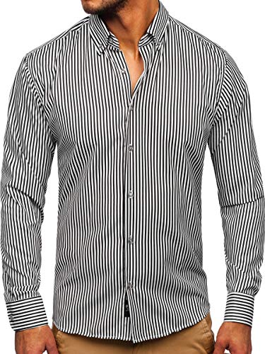 BOLF Herren Hemd Langarm Streifenhemd Freizeithemd Hemdbluse Langarmhemd Elegant Business Party Bügelleicht Farbwahl Classic Basic Slim Fit Casual Style 20726 Schwarz XL [2B2] von BOLF