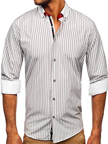 BOLF Herren Hemd Langarm Streifenhemd Freizeithemd Hemdbluse Langarmhemd Elegant Business Party Bügelleicht Farbwahl Classic Basic Slim Fit Casual Style 20727 Grau XL [2B2] von BOLF