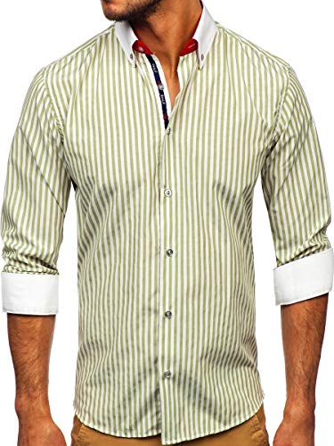 BOLF Herren Hemd Langarm Streifenhemd Freizeithemd Hemdbluse Langarmhemd Elegant Business Party Bügelleicht Farbwahl Classic Basic Slim Fit Casual Style 20727 Grün L [2B2] von BOLF