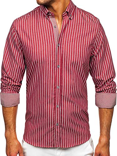 BOLF Herren Hemd Langarm Streifenhemd Freizeithemd Hemdbluse Langarmhemd Elegant Business Party Bügelleicht Farbwahl Classic Basic Slim Fit Casual Style 20731 Weinrot L [2B2] von BOLF