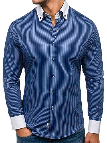 BOLF Herren Hemd Langarmhemd Gastreift Langarm Slim Fit Casual Style 0909-A Dunkelblau M [2B2] von BOLF