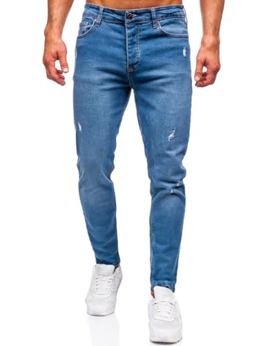 BOLF Herren Jeans Denim Jeanshose Jeanspants Used Look Stretch Basic Straight Cut Stonewashed Baumwolle Casual Slim Fit 6485 Dunkelblau S [6F6] von BOLF