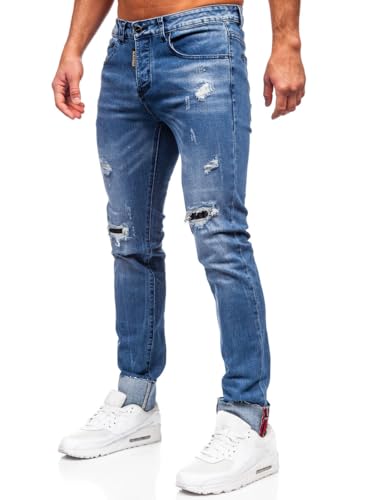 BOLF Herren Jeans Denim Jeanshose Jeanspants Used Look Stretch Basic Straight Cut Stonewashed Baumwolle Casual Slim Fit MP0126B Blau M [6F6] von BOLF