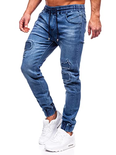 BOLF Herren Jeans Jogger Cargohose Denim Style Sweathose Jogg Used Look Jeanspants Destroyed Freizeit Casual Style Slim Fit Narrow Leg MP0052-2B Dunkelblau L [6F6] von BOLF