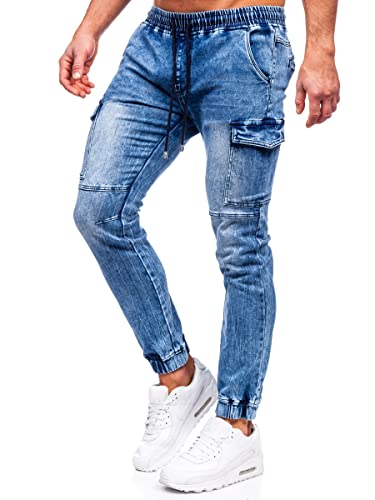 BOLF Herren Jeans Jogger Cargohose Denim Style Sweathose Jogg Used Look Jeanspants Destroyed Freizeit Casual Style Slim Fit Narrow Leg MP0058B Dunkelblau L [6F6] von BOLF