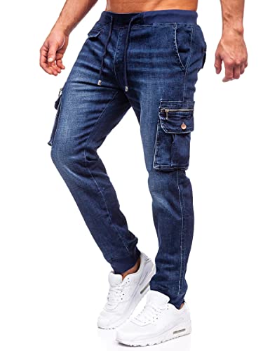 BOLF Herren Jeans Jogger Cargohose Denim Style Sweathose Jogg Used Look Jeanspants Destroyed Freizeit Casual Style Slim Fit Narrow Leg MP0108BS Dunkelblau L [6F6] von BOLF