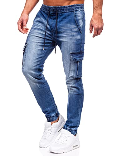 BOLF Herren Jeans Jogger Cargohose Denim Style Sweathose Jogg Used Look Jeanspants Destroyed Freizeit Casual Style Slim Fit Narrow Leg MP0130BS Dunkelblau M [6F6] von BOLF