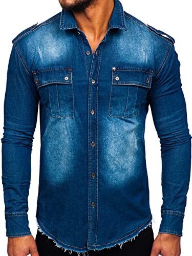 BOLF Herren Jeanshemd Langarm Freizeithemd Langarmhemd Denim Western Denimshirt Bügelleicht Farbwahl Classic Basic Slim Fit Casual Style MC702BC Blau(Hell) L [2B2] von BOLF