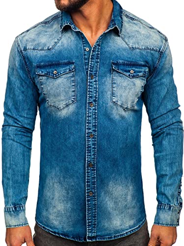 BOLF Herren Jeanshemd Langarm Freizeithemd Langarmhemd Denim Western Denimshirt Bügelleicht Farbwahl Classic Basic Slim Fit Casual Style MC710BS Dunkelblau M [2B2] von BOLF