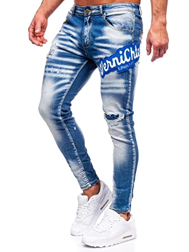 BOLF Herren Jeanshose Jeans Used Look Jeanspants Destroyed Denim Style Slim Fit Narrow Leg Freizeit Casual Style BC1068 Dunkelblau S [6F6] von BOLF