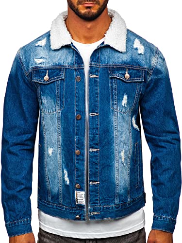 BOLF Herren Jeansjacke Übergangsjacke Trucker Jacket Sherpa Jacke mit Fell Teddyfell Jeans Denim Jacket Freizeitjacke Vintage Retro Classic Street Style Basic Casual Style MJ502B Dunkelblau L [4D4] von BOLF