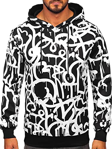 BOLF Herren Kapuzenpullover Hoodie Sweatshirt mit Kapuze Pullover Pulli Langarmshirt Freizeit Sport Fitness Outdoor Casual Style 8B1152 Schwarz-Weiß XL [1A1] von BOLF