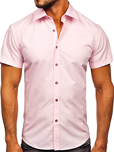 BOLF Herren Kurzarm Hemd Elegant Figurbetont Unifarbe Basic Slim Fit 7501 Rosa M [2B2] von BOLF