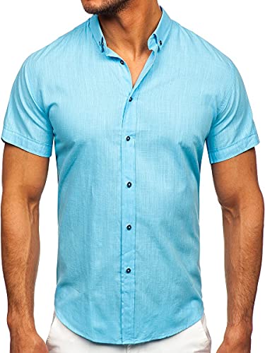 BOLF Herren Kurzarmhemd Sommerhemd Freizeithemd Strandhemd Urlaub Hemd aus 100% Baumwolle Atmungsaktiv Stoff Dünnes Hemd für Sommer Slim Fit Button Down Casual Style 20501 Türkis S [2B2] von BOLF