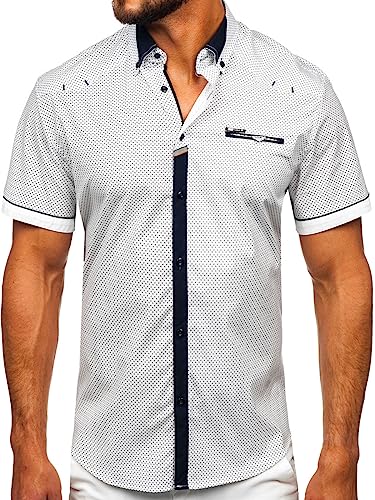BOLF Herren Kurzarmhemd Kariert Freizeithemd Kurzärmliges Elegant Business Party Hemd Kentkragen Sommer Farbwahl Slim Fit Casual Style 19616 Weiß M [2B2] von BOLF