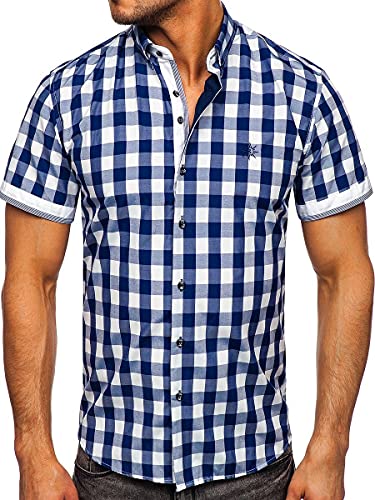 BOLF Herren Kurzarmhemd Kariert Freizeithemd Kurzärmliges Elegant Business Party Hemd Kentkragen Sommer Farbwahl Slim Fit Casual Style 4508 Dunkelblau L [2B2] von BOLF