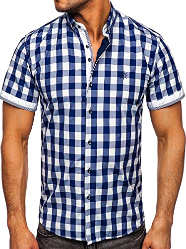 BOLF Herren Kurzarmhemd Kariert Freizeithemd Kurzärmliges Elegant Business Party Hemd Kentkragen Sommer Farbwahl Slim Fit Casual Style 4508 Dunkelblau M [2B2] von BOLF