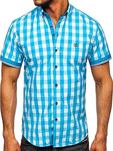 BOLF Herren Kurzarmhemd Kariert Freizeithemd Kurzärmliges Elegant Business Party Hemd Kentkragen Sommer Farbwahl Slim Fit Casual Style 4508 Hellblau L [2B2] von BOLF