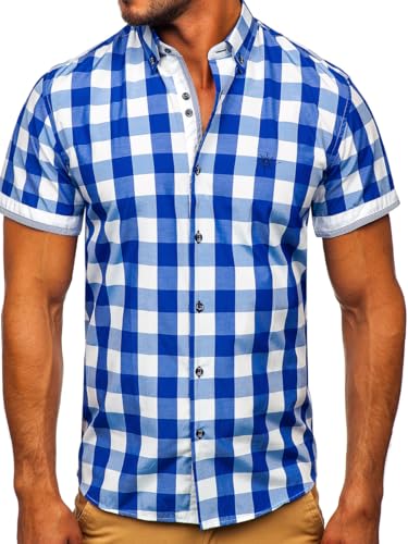 BOLF Herren Kurzarmhemd Kariert Freizeithemd Kurzärmliges Elegant Business Party Hemd Kentkragen Sommer Farbwahl Slim Fit Casual Style 4508 Mittelblau S [2B2] von BOLF