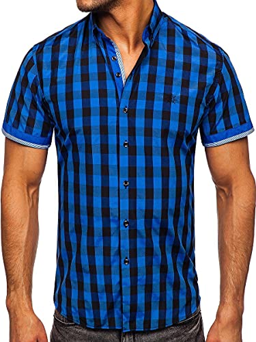 BOLF Herren Kurzarmhemd Kariert Freizeithemd Kurzärmliges Elegant Business Party Hemd Kentkragen Sommer Farbwahl Slim Fit Casual Style 4508 Schwarz-Blau L [2B2] von BOLF