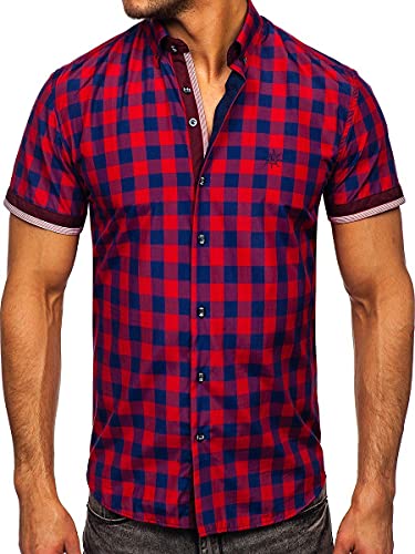 BOLF Herren Kurzarmhemd Kariert Freizeithemd Kurzärmliges Elegant Business Party Hemd Kentkragen Sommer Farbwahl Slim Fit Casual Style 4508 Weinrot M [2B2] von BOLF