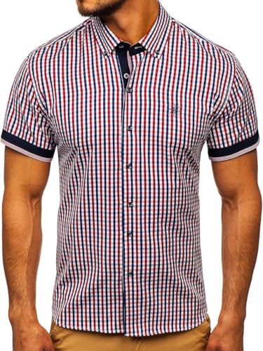 BOLF Herren Kurzarmhemd Kariert Freizeithemd Kurzärmliges Elegant Business Party Hemd Kentkragen Sommer Farbwahl Slim Fit Casual Style 4510 Rot XXL [2B2] von BOLF