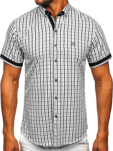 BOLF Herren Kurzarmhemd Kariert Freizeithemd Kurzärmliges Elegant Business Party Hemd Kentkragen Sommer Farbwahl Slim Fit Casual Style 4510 Schwarz L [2B2] von BOLF