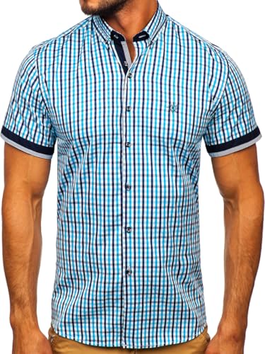 BOLF Herren Kurzarmhemd Kariert Freizeithemd Kurzärmliges Elegant Business Party Hemd Kentkragen Sommer Farbwahl Slim Fit Casual Style 4510 Turkis XXL [2B2] von BOLF