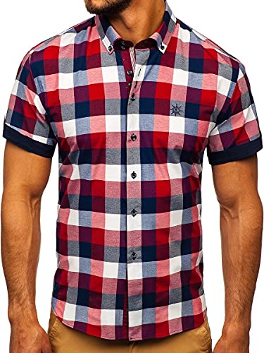 BOLF Herren Kurzarmhemd Kariert Freizeithemd Kurzärmliges Elegant Business Party Hemd Kentkragen Sommer Farbwahl Slim Fit Casual Style 5532 Weinrot L [2B2] von BOLF