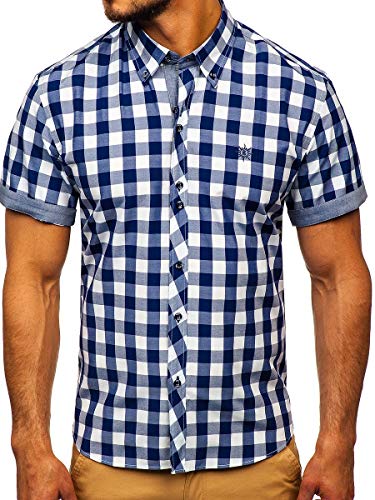 BOLF Herren Kurzarmhemd Kariert Freizeithemd Kurzärmliges Elegant Business Party Hemd Kentkragen Sommer Farbwahl Slim Fit Casual Style 6522 Dunkelblau L [2B2] von BOLF