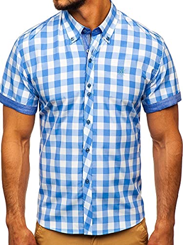 BOLF Herren Kurzarmhemd Kariert Freizeithemd Kurzärmliges Elegant Business Party Hemd Kentkragen Sommer Farbwahl Slim Fit Casual Style 6522 Hellblau S [2B2] von BOLF