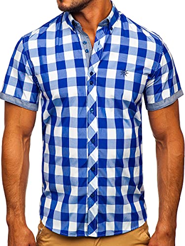 BOLF Herren Kurzarmhemd Kariert Freizeithemd Kurzärmliges Elegant Business Party Hemd Kentkragen Sommer Farbwahl Slim Fit Casual Style 6522 Mittelblau L [2B2] von BOLF