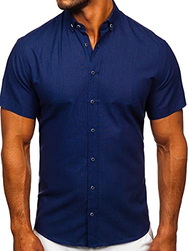 BOLF Herren Kurzarmhemd Sommerhemd Freizeithemd Strandhemd Urlaub Hemd aus 100% Baumwolle Atmungsaktiv Stoff Dünnes Hemd für Sommer Slim Fit Button Down Casual Style 20501 Dunkelblau M [2B2] von BOLF
