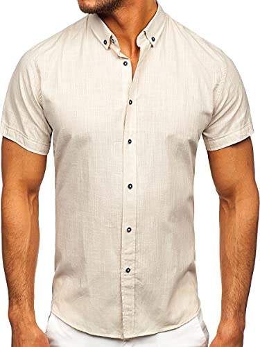 BOLF Herren Kurzarmhemd Sommerhemd Freizeithemd Strandhemd Urlaub Hemd aus 100% Baumwolle Atmungsaktiv Stoff Dünnes Hemd für Sommer Slim Fit Button Down Casual Style 20501 Ecru S [2B2] von BOLF