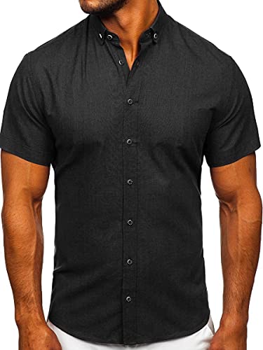 BOLF Herren Kurzarmhemd Sommerhemd Freizeithemd Strandhemd Urlaub Hemd aus 100% Baumwolle Atmungsaktiv Stoff Dünnes Hemd für Sommer Slim Fit Button Down Casual Style 20501 Schwarz M [2B2] von BOLF