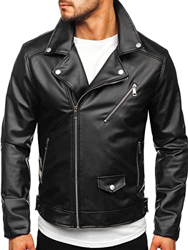 BOLF Herren Lederjacke Kunstlederjacke Bikerjacke Übergangsjacke Steppjacke Kapuze Motorradjacke Pilotenjacke Fliegerjacke Bomberjacke Stehkragen Casual Style 0006 Schwarz L [4D4] von BOLF