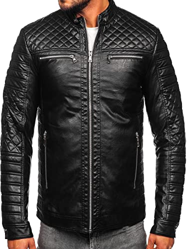 BOLF Herren Lederjacke Kunstlederjacke Bikerjacke Übergangsjacke Steppjacke Kapuze Motorradjacke Pilotenjacke Fliegerjacke Bomberjacke Stehkragen Casual Style 11Z8002 Schwarz M [4D4] von BOLF