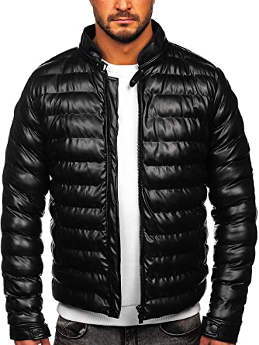 BOLF Herren Lederjacke Kunstlederjacke Bikerjacke Übergangsjacke Steppjacke Kapuze Motorradjacke Pilotenjacke Fliegerjacke Bomberjacke Stehkragen Casual Style 5M796 Schwarz L [4D4] von BOLF