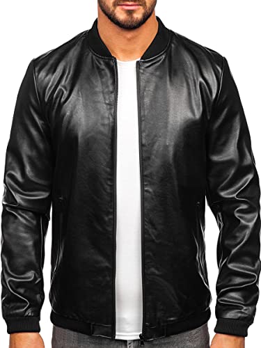 BOLF Herren Lederjacke Kunstlederjacke Bikerjacke Übergangsjacke Steppjacke Kapuze Motorradjacke Pilotenjacke Fliegerjacke Bomberjacke Stehkragen Casual Style 6803A Schwarz XXL [4D4] von BOLF