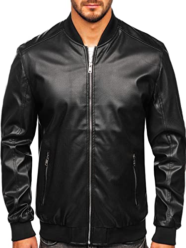 BOLF Herren Lederjacke Kunstlederjacke Bikerjacke Übergangsjacke Steppjacke Kapuze Motorradjacke Pilotenjacke Fliegerjacke Bomberjacke Stehkragen Casual Style 7110 Schwarz XXL [4D4] von BOLF