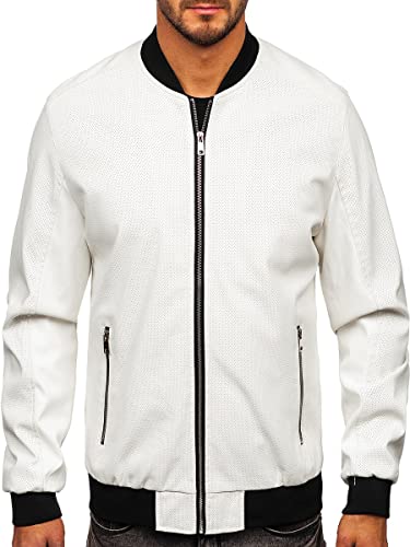 BOLF Herren Lederjacke Kunstlederjacke Bikerjacke Übergangsjacke Steppjacke Kapuze Motorradjacke Pilotenjacke Fliegerjacke Bomberjacke Stehkragen Casual Style 7110 Weiß L [4D4] von BOLF