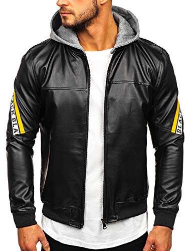 BOLF Herren Lederjacke Kunstlederjacke Bikerjacke Übergangsjacke Steppjacke Motorradjacke Pilotenjacke Fliegerjacke Bomberjacke Kapuze Stehkragen Casual Style RED FIREBALL HY614 Schwarz-Gelb M [4D4] von BOLF