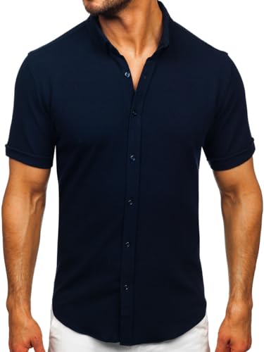 BOLF Herren Musselin Hemd Kurzarm Basic Kurzärmeliges Kurzarmhemd Freizeithemd Button Down Businesshemd Einfarbig Sommer Elegant Party Casual Slim Fit 2013 Dunkelblau XXL [2B2] von BOLF